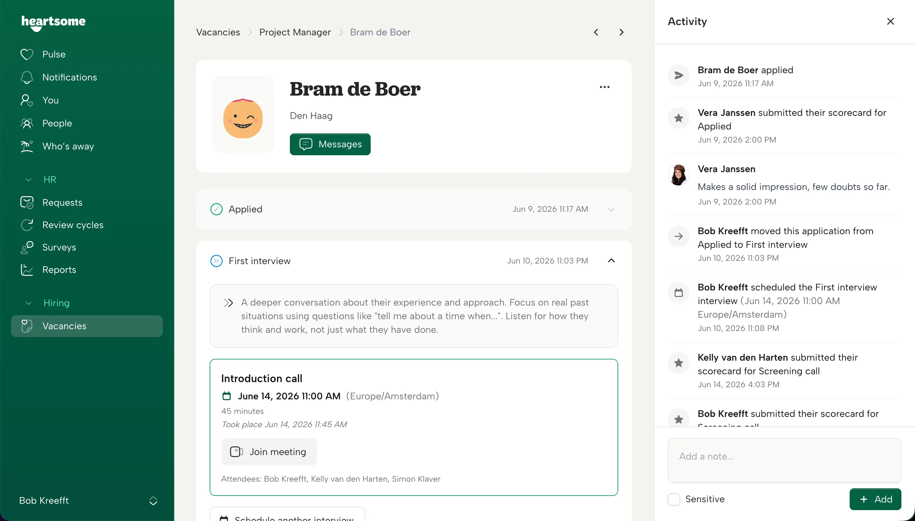 A candidate’s application in Heartsome: their answers, with the team’s private notes alongside.
