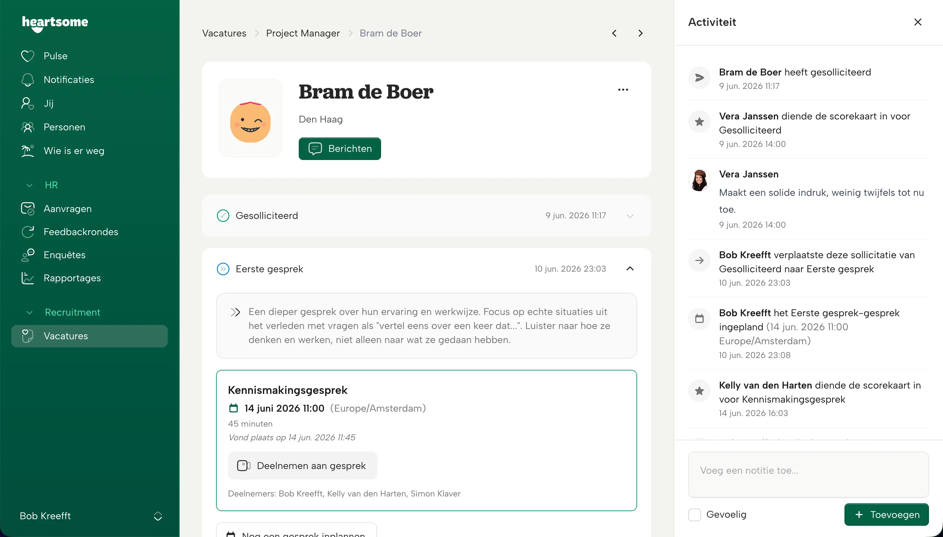 Een sollicitatie in Heartsome: de antwoorden van de kandidaat, met de privénotities van het team ernaast.